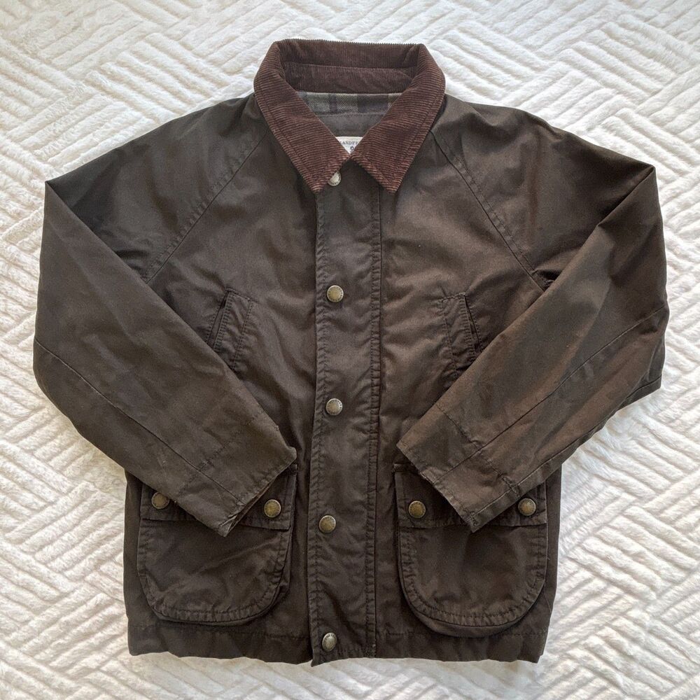 Lands' End Kids Size 7 Green Cotton Barn Jacket Corduroy Collar Plaid Lined
